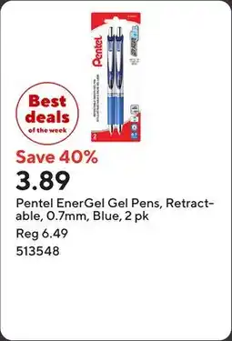 Staples Pentel EnerGel Gel Pens, Retractable, 0.7mm, Blue offer