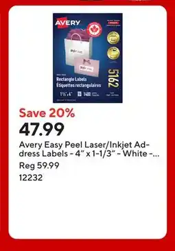 Staples Avery Easy Peel Laser/Inkjet Address Labels - 4 x 1-1/3 - White - 1400 Pack (5162) offer
