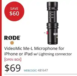 Vistek Rode VideoMic Me-L Microphone for iPhone or iPad w/Lightning connector offer