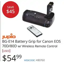 Vistek Jupio BG-E14 Battery Grip for Canon EOS 70D/80D w/ Wireless Remote Control offer
