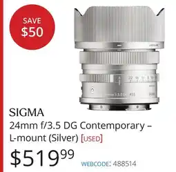 Vistek 24mm f/3.5 DG Contemporary – L-mount (Silver) offer