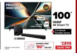 Visions Electronics Hisense 100 U68QF 4K Smart TV mini-QLED NATIVE 144Hz PANEL + 2.0-Channel Soundbar System offer