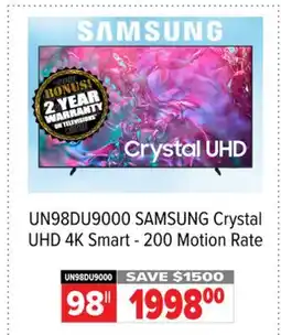 2001 Audio Video UN98DU9000 SAMSUNG 98 Crystal UHD 4K Smart - 200 Motion Rate offer