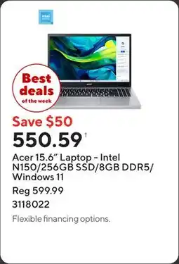 Staples Acer 15.6 Laptop - Intel N150/256GB SSD/8GB DDR5/Windows 11 offer