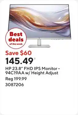 Staples HP 23.8 FHD IPS Monitor - 94C19AA w/ Height Adjust offer
