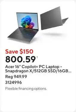 Staples Acer 16 Copilot+ PC Laptop - Snapdragon X/512GB SSD/16GB RAM/Windows 11 offer