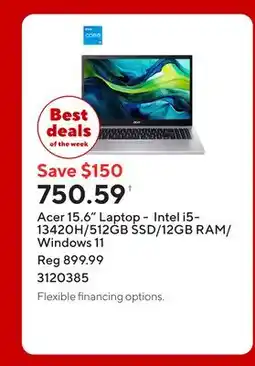 Staples Acer 15.6 Laptop - Intel i5-13420H/512GB SSD/12GB RAM/Windows 11 offer