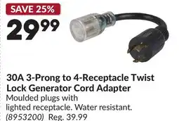 Princess Auto 30A 3-Prong to 4-Receptacle Twist Lock Generator Cord Adapter offer