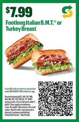 Subway Footlong Italian B.M.T. or Turkey Breast offer