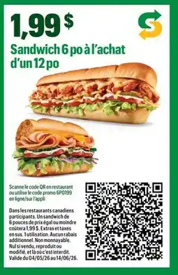 Subway Sandwich 6 po d'un 12 po offer