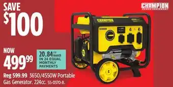 Canadian Tire Champion 3650/4550W Portable Gas Generator offer