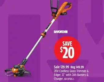 Canadian Tire WORX 20V Cordless Grass Trimmer & Edger, 12 with 2Ah Battery & Charger offer