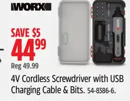 Canadian Tire WORX 4V Cordless Screwdriver with USB Charging Cable & Bits offer