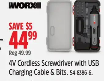Canadian Tire WORX 4V Cordless Screwdriver with USB Charging Cable & Bits offer