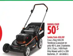 Canadian Tire Worx 40V Push Poly Mower with 2 x 20V Batteries, 21˝ offer