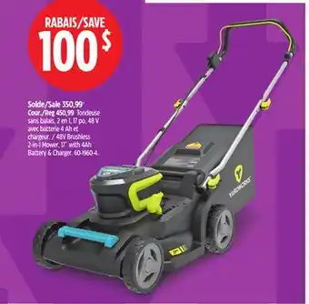 Canadian Tire Yardworks 48V Brushless 2-in-1 Mower, 17 with 4Ah Battery & Charger offer