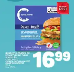 Marché Bonichoix COMPLIMENTS FROZEN CHICKEN OR BEEF SMASHED BURGERS offer