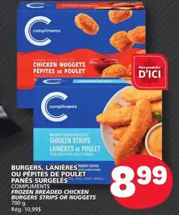 Marché Bonichoix COMPLIMENTS FROZEN BREADED CHICKEN BURGERS STRIPS OR NUGGETS offer