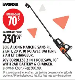 Canadian Tire WORX SCIE À LONG MANCHE SANS FIL 2 EN 1, 20 V, 10 PO AVEC BATTERIE 2 AH ET CHARGEUR offer