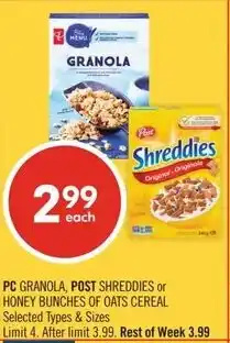 Shoppers Drug Mart PC granola, post shreddies or honey bunches of oats cereal offer