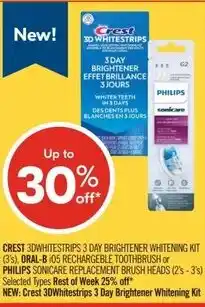Shoppers Drug Mart Crest 3dwhitestrips 3 day brightener whitening kit, oral-b 105 rechargeble toothbrush offer