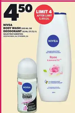 Loblaws NIVEA BODY WASH, 500 ML OR DEODORANT, 50 ML/51/52 G offer