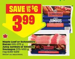 FreshCo Maple leaf or schneiders bacon 100-375 g or juicy jumbos or smoked sausages 375-450 g offer