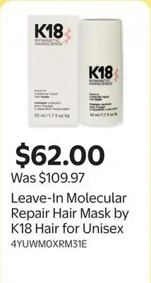 Walmart Leave-In Molecular Repair Hair Mask by K18 Hair for Unisex offer
