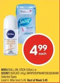 Shoppers Drug Mart Nivea roll-on, stick or secret outlast offer