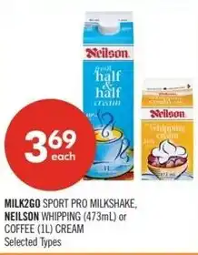 Shoppers Drug Mart Milk2go sport pro milkshake, neilson whipping or coffee cream offer