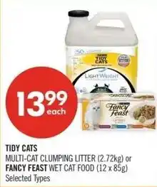 Shoppers Drug Mart Tidy cats multi-cat clumping litter or fancy feast wet cat food offer