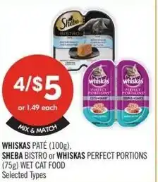 Shoppers Drug Mart Whiskas paté, sheba bistro or whiskas perfect portions wet cat food offer