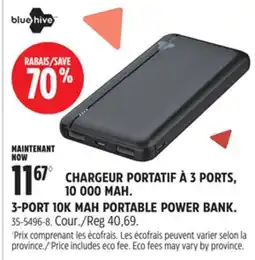 Canadian Tire BLUEHIVE 3-PORT 10K MAH PORTABLE POWER BANK offer