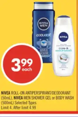 Shoppers Drug Mart NIVEA ROLL-ON ANTIPERSPIRANT/DEODORANT (50mL), NIVEA MEN SHOWER GEL or BODY WASH (500mL) offer