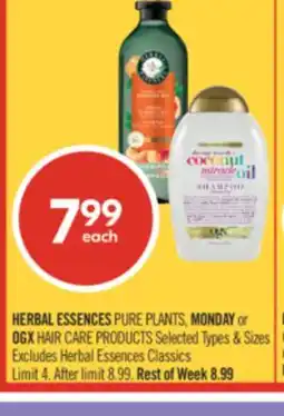 Shoppers Drug Mart HERBAL ESSENCES PURE PLANTS, MONDAY or OGX HAIR CARE PRODUCTS offer
