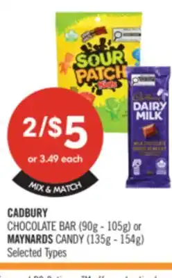 Shoppers Drug Mart CADBURY CHOCOLATE BAR (90g - 105g) or MAYNARDS CANDY (135g - 154g) offer