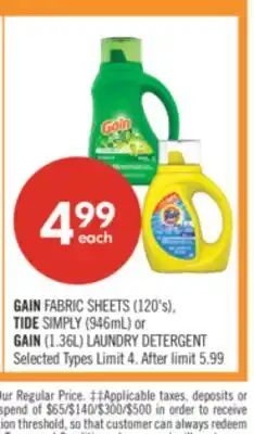Shoppers Drug Mart GAIN FABRIC SHEETS (120's), TIDE SIMPLY (946mL) or GAIN (1.36L) LAUNDRY DETERGENT offer