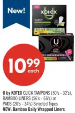 Shoppers Drug Mart U by KOTEX CLICK TAMPONS (30's - 32's), BAMBOO LINERS (56's - 66's) or PADS (20's - 34's) offer
