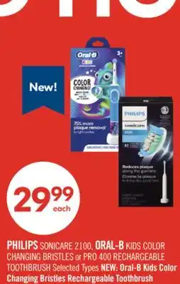 Shoppers Drug Mart PHILIPS SONICARE 2100, ORAL-B KIDS COLOR CHANGING BRISTLES or PRO 400 RECHARGEABLE TOOTHBRUSH offer
