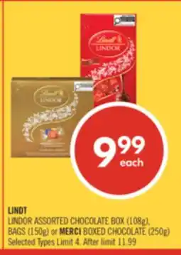 Shoppers Drug Mart LINDT LINDOR ASSORTED CHOCOLATE BOX (108g), BAGS (150g) or MERCI BOXED CHOCOLATE (250g) offer