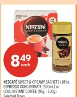 Shoppers Drug Mart NESCAFE SWEET & CREAMY SACHETS (18's) ESPRESSO CONCENTRATE (500mL) or GOLD INSTANT COFFEE (95g-100g) offer