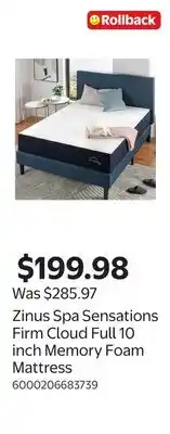 Walmart Zinus Spa Sensations Firm Cloud Full 10 inch Memory Foam Mattress offer