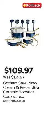 Walmart Gotham Steel Navy Cream 15 Piece Ultra Ceramic Nonstick Cookware Set with Gold Handles I offer