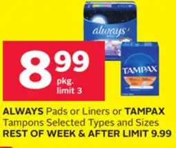 Rexall ALWAYS Pads or Liners or TAMPAX Tampons offer