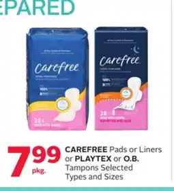 Rexall CAREFREE Pads or Liners or PLAYTEX or O. B. Tampons offer