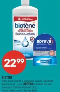 Pharmaprix BIOTÈNE Dry Mouth Mouthwash (1 L) or ABREVA Cold Sore Treatment (2 g) offer