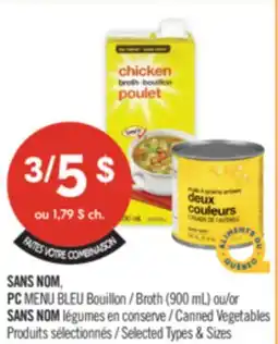 Pharmaprix NO NAME, PC BLUE MENU Broth (900 mL) or NO NAME Canned Vegetables offer