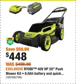 Home Depot EXCLUSIVE RYOBI 40V HP 20 Push Mower Kit • 6.0Ah battery and quick charger offer