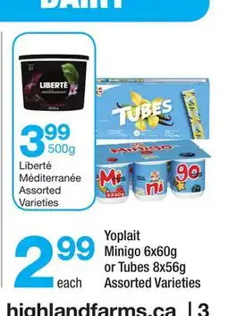 Highland Farms Liberté Méditerranée Assorted Varieties, Yoplait Minigo 6x60g or Tubes 8x56g offer