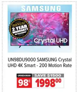 2001 Audio Video UN98DU9000 SAMSUNG 98 Crystal UHD 4K Smart - 200 Motion Rate offer